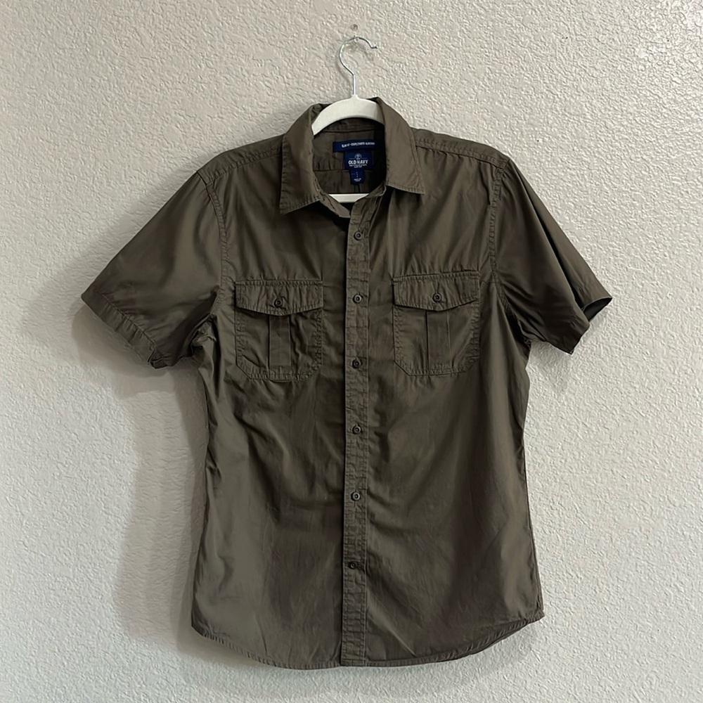 Old Navy Adult Man Size Small Brown Button Up Casual Short Sleeve Shirt Slim Fit